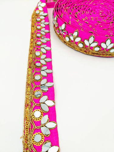 Fuchsia Pink Silk Trim With Mirrors Embellishments and Gold Embroidery, Approx. 34mm Wide, Decorative Trim Costume Trim Fashion Trim By Yard